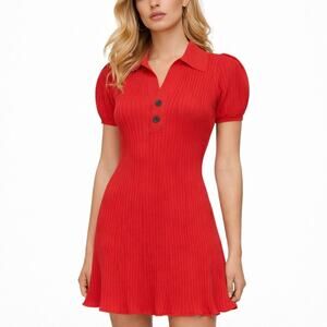 Self Portrait Puff Sleeve Rib Knit Mini Polo Dress Red Women Size S